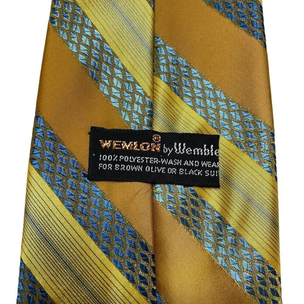 Vtg Wembley Men's Tie Necktie Wide Wemlon Polyester Yellow Blue Brown Striped